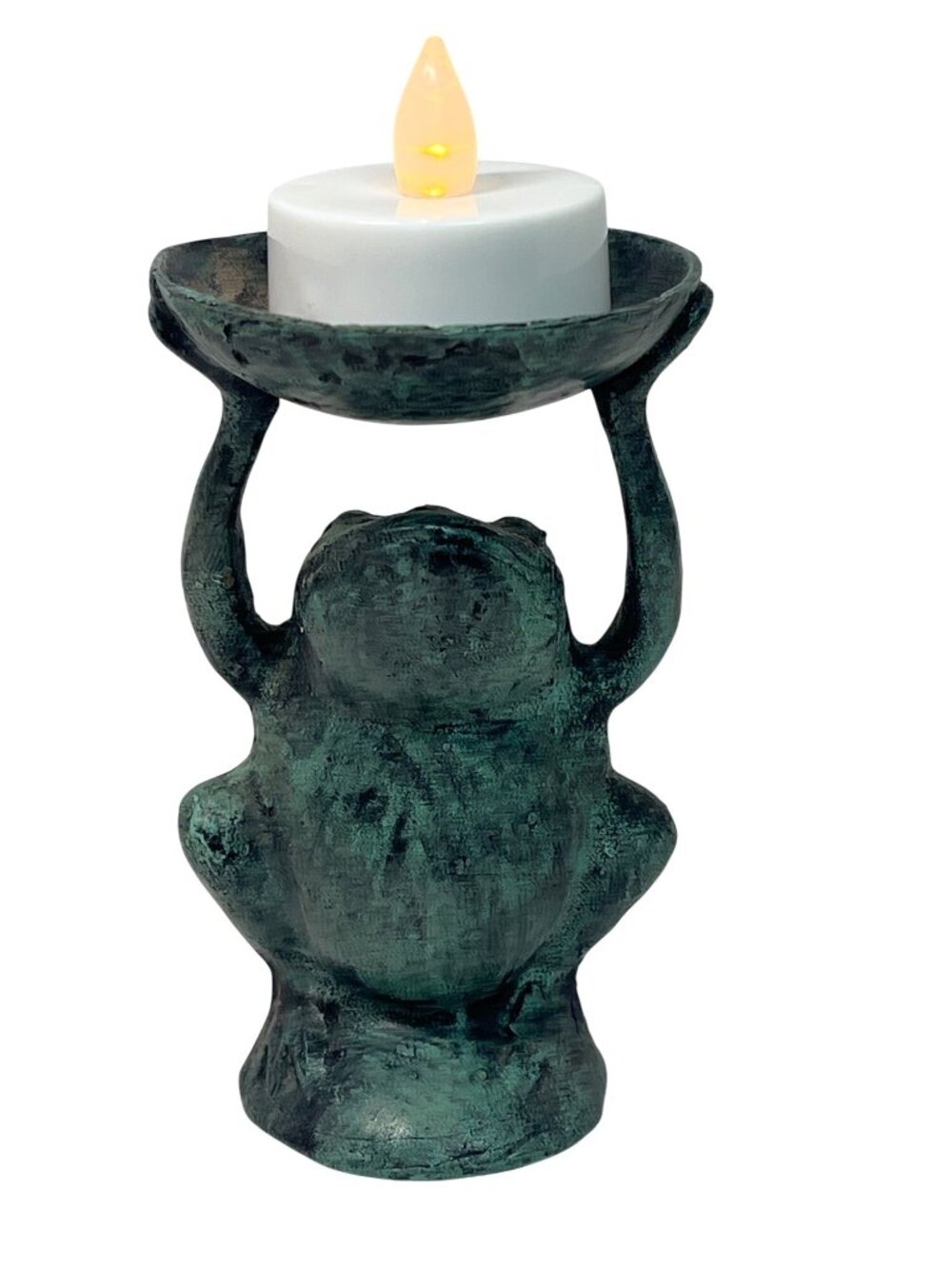Frog-Themed Metal Candle Holder & Vase Dual-Purpose Rustic Green Finish 4”